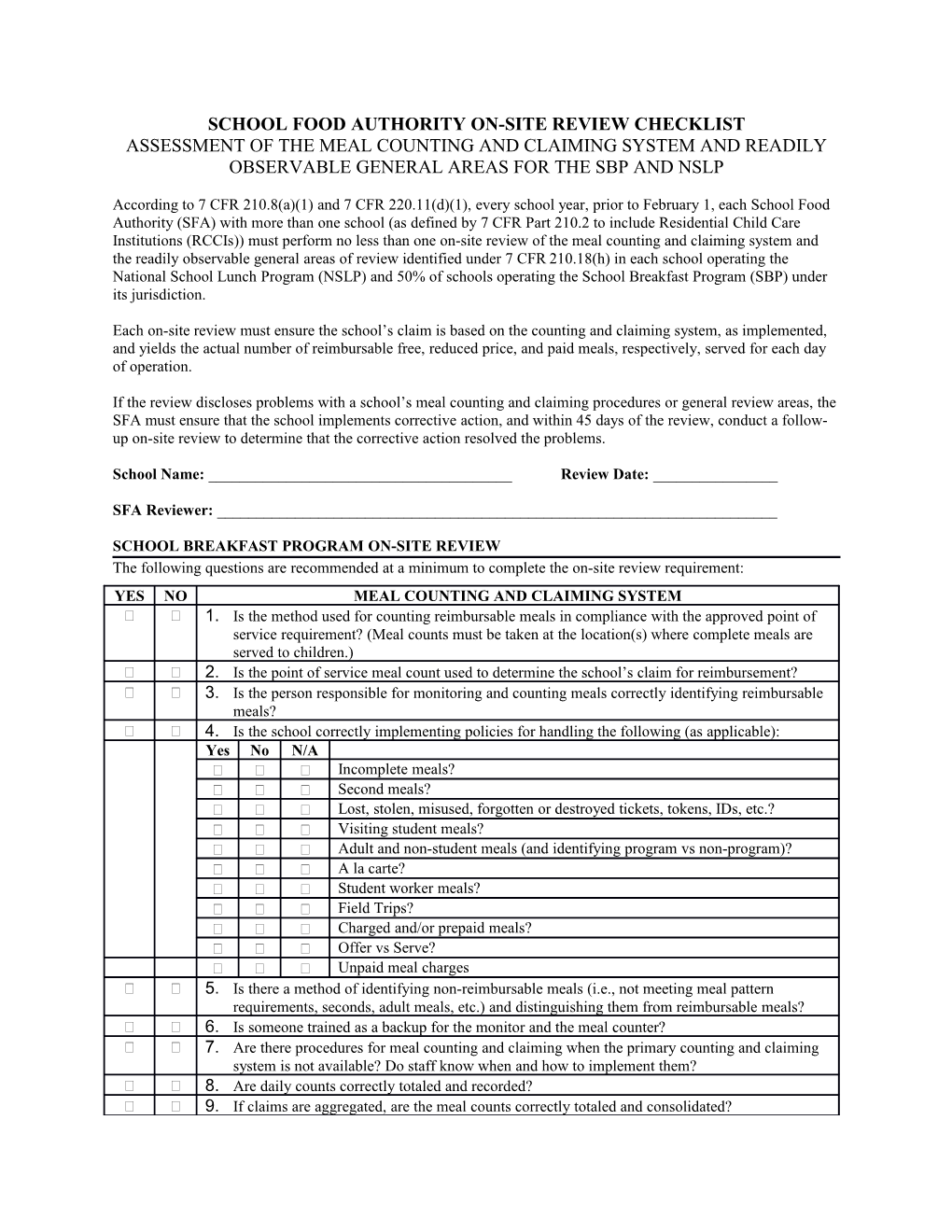 School Food Authority On-Site Review Checklist