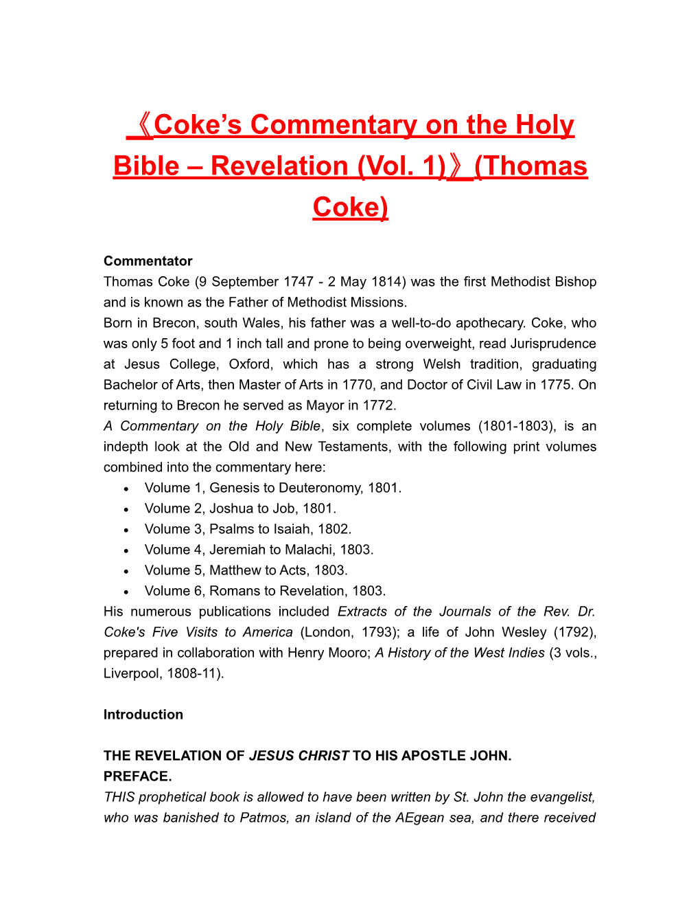 Coke S Commentary on the Holy Bible Revelation (Vol. 1) (Thomas Coke)