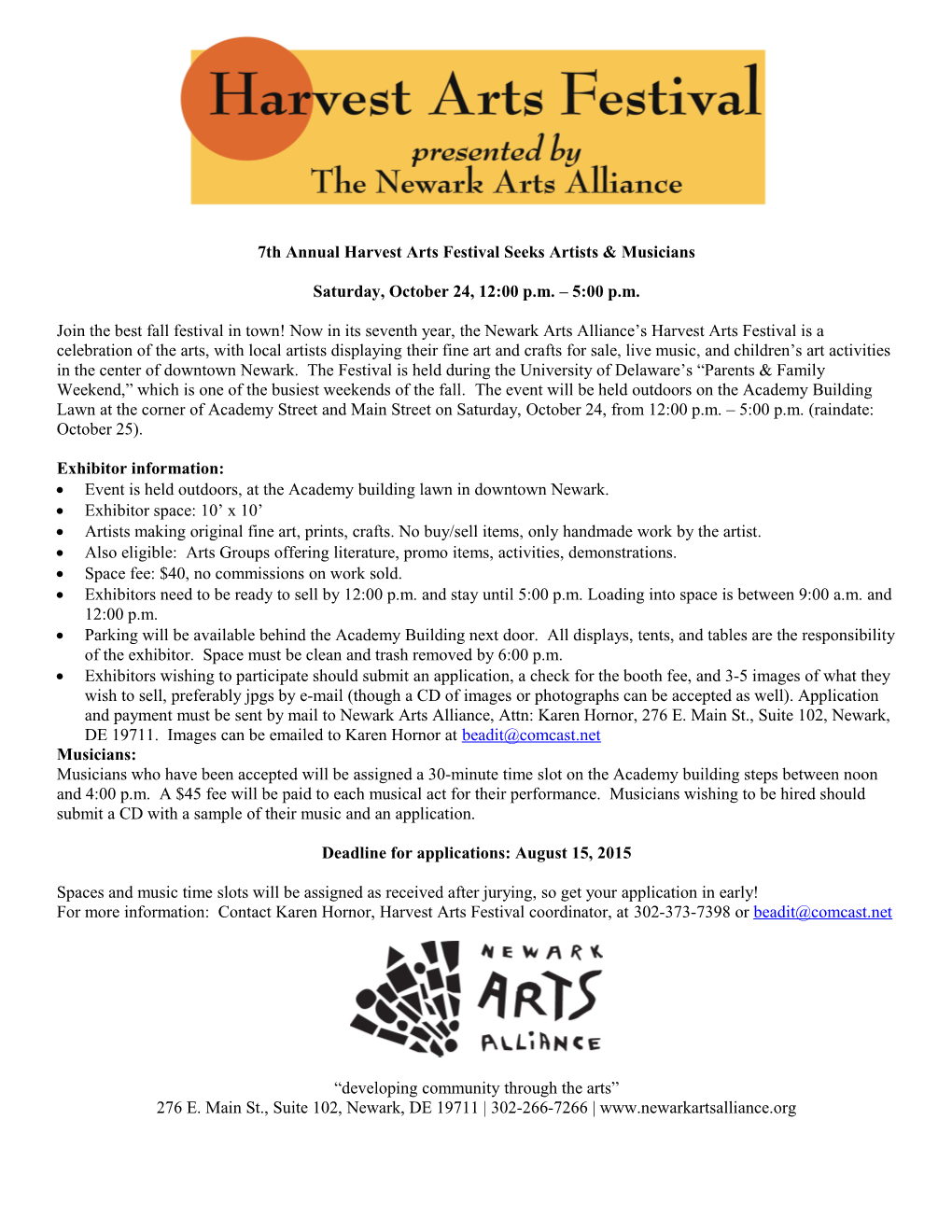 7Th Annual Harvest Arts Festival Seeks Artists & Musicians