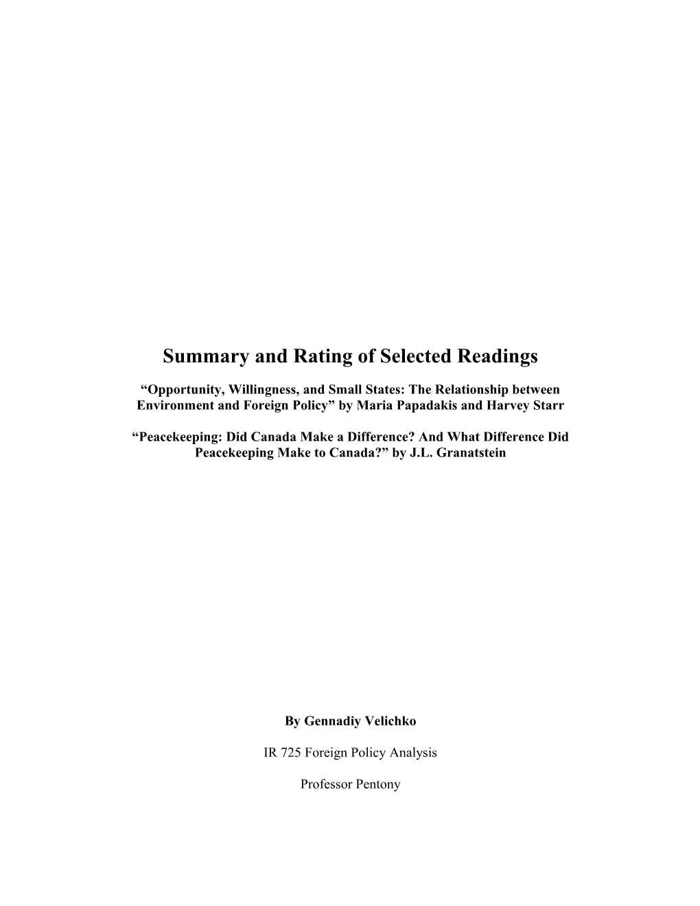 Summary and Rating of Selected Readings