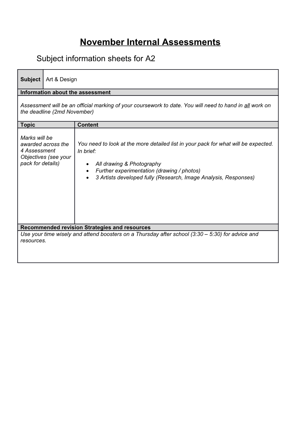 Subject Information Sheets for A2