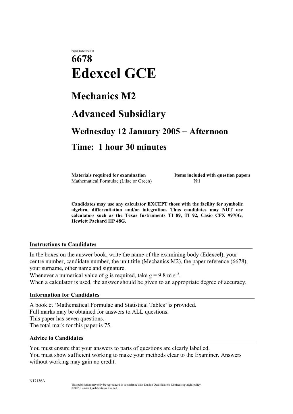 January 2005 - 6678 Mechanics M2 - Question Paper