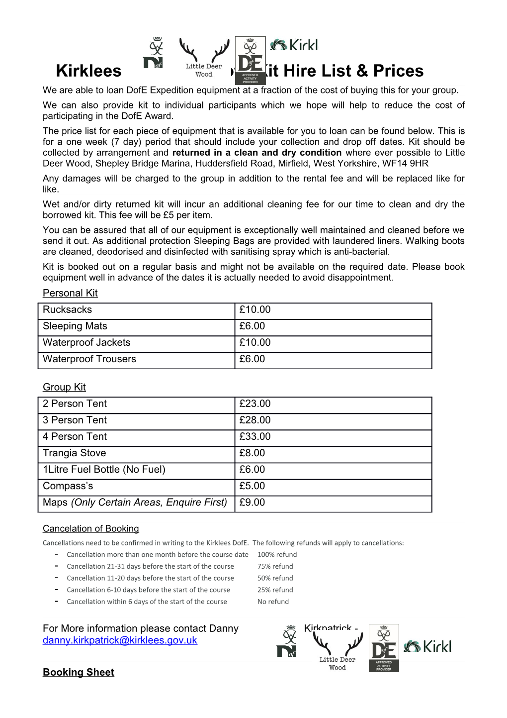 Kirklees Dofe Kit Hire List & Prices