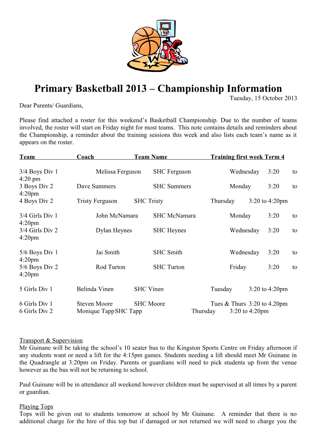 Primary Basketball 2013 Championship Information
