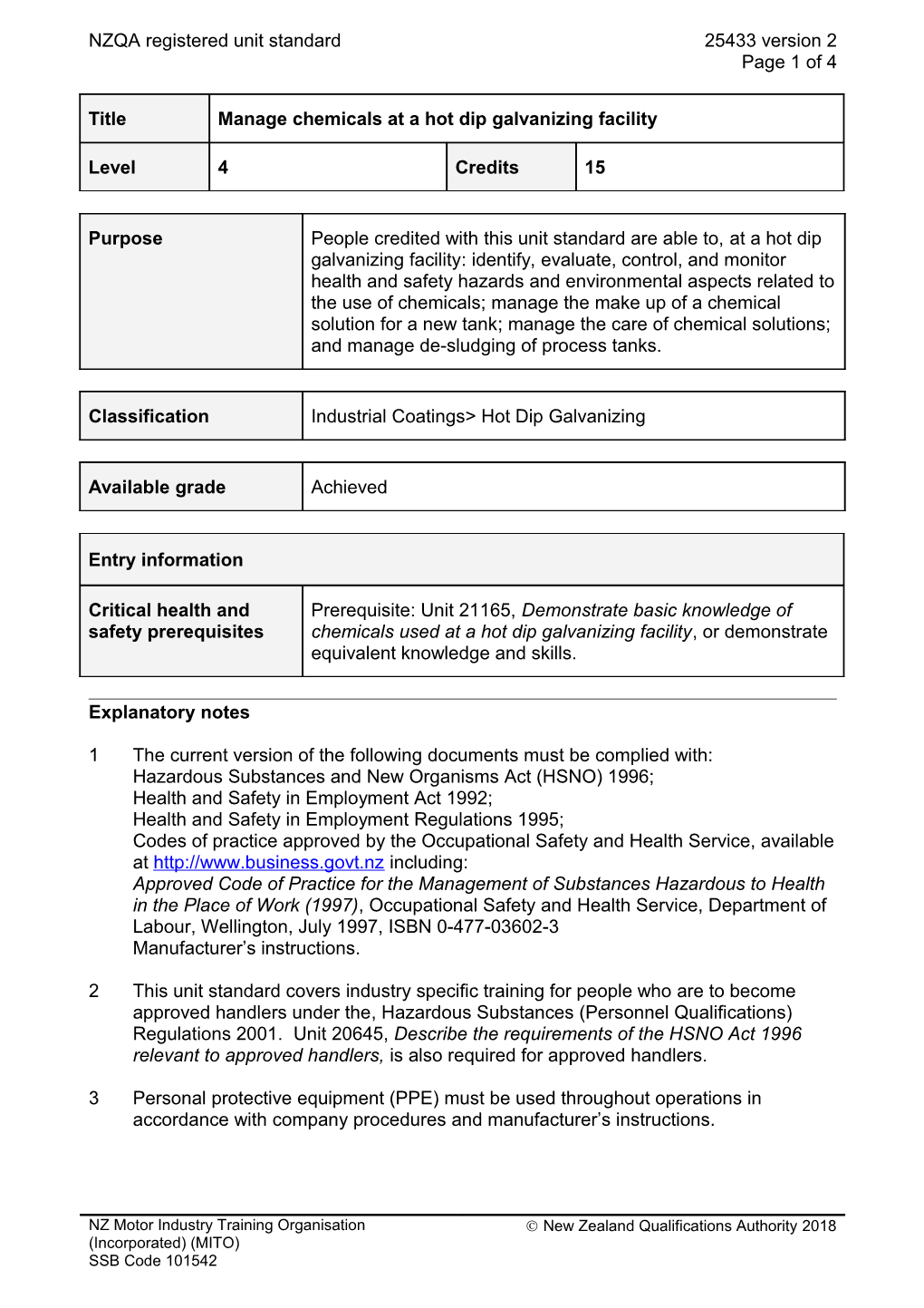 25433 Manage Chemicals at a Hot Dip Galvanizing Facility