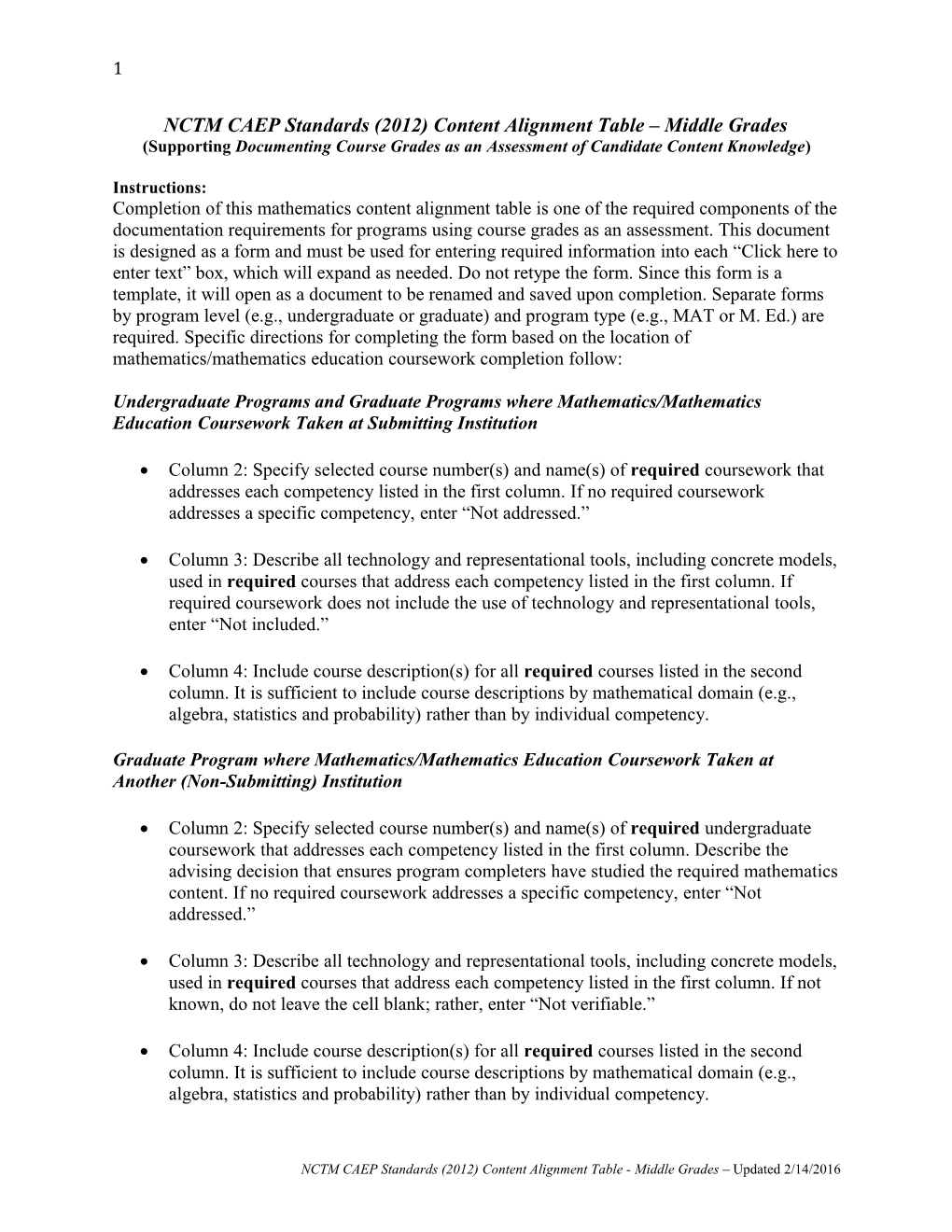 NCTM CAEP Standards (2012) Content Alignment Table Middle Grades