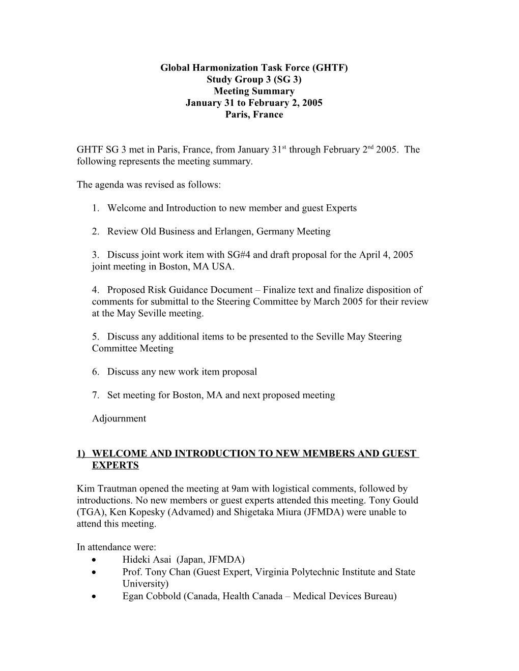 GHTF SG3 Meeting Minutes - January 2005