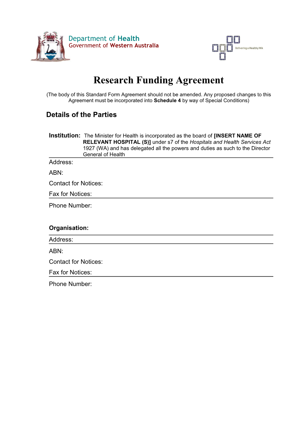 WA Research Funding Agreement