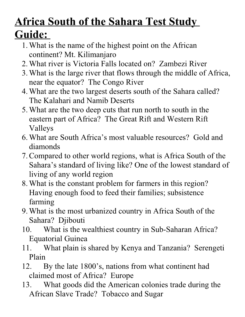 Africa South of the Sahara Quiz