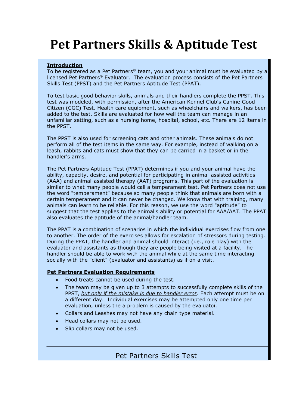 Pet Partners Skills & Aptitude Test