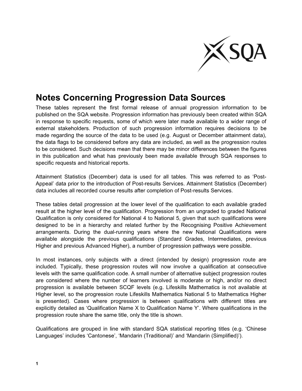 Notes Concerning Progression Data Sources