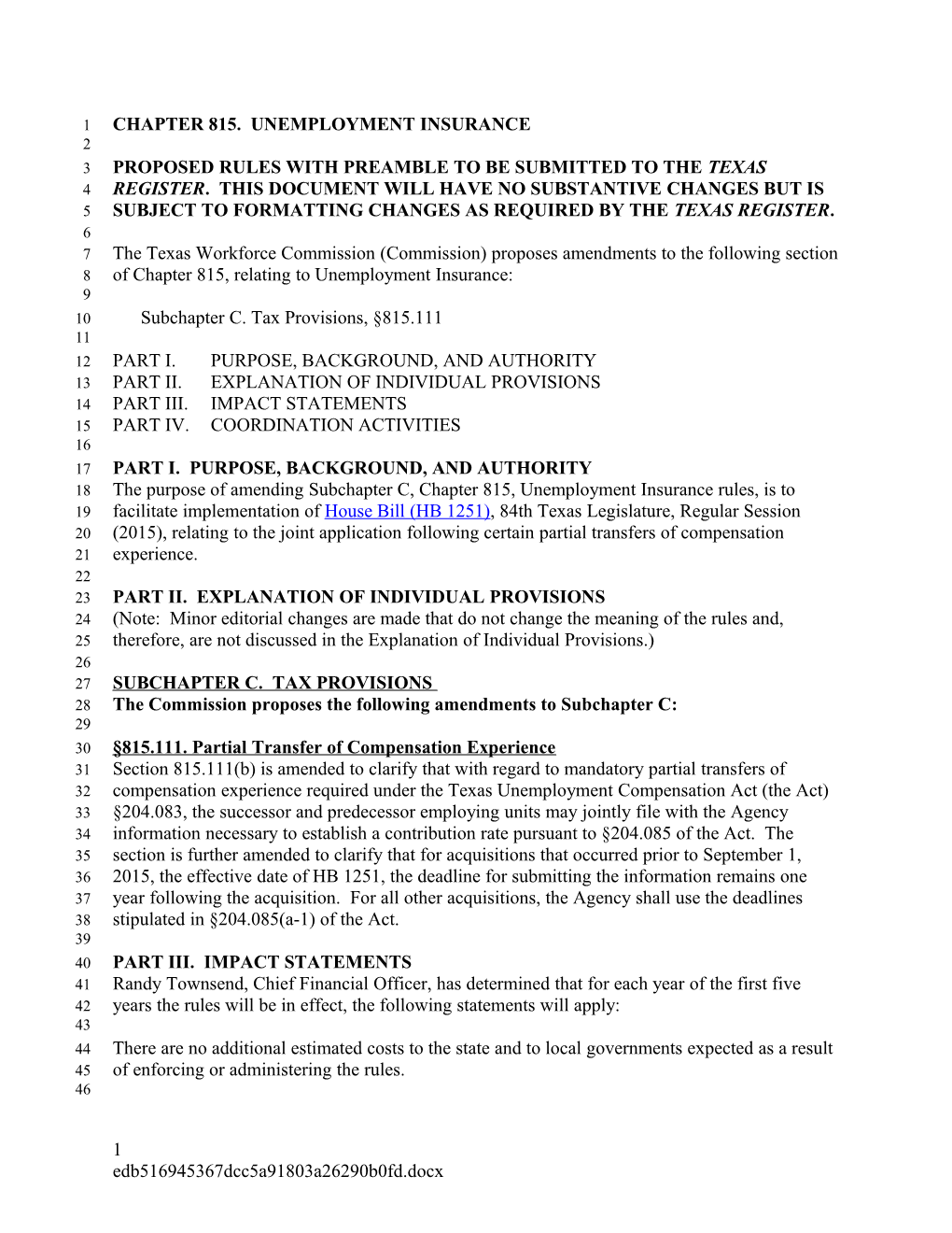 Commission Meeting Materials November 3, 2015 9:00 A.M. - Chapter 815 Proposed Rules Relating
