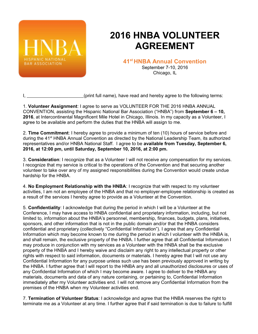 2016 Hnba Volunteer Agreement