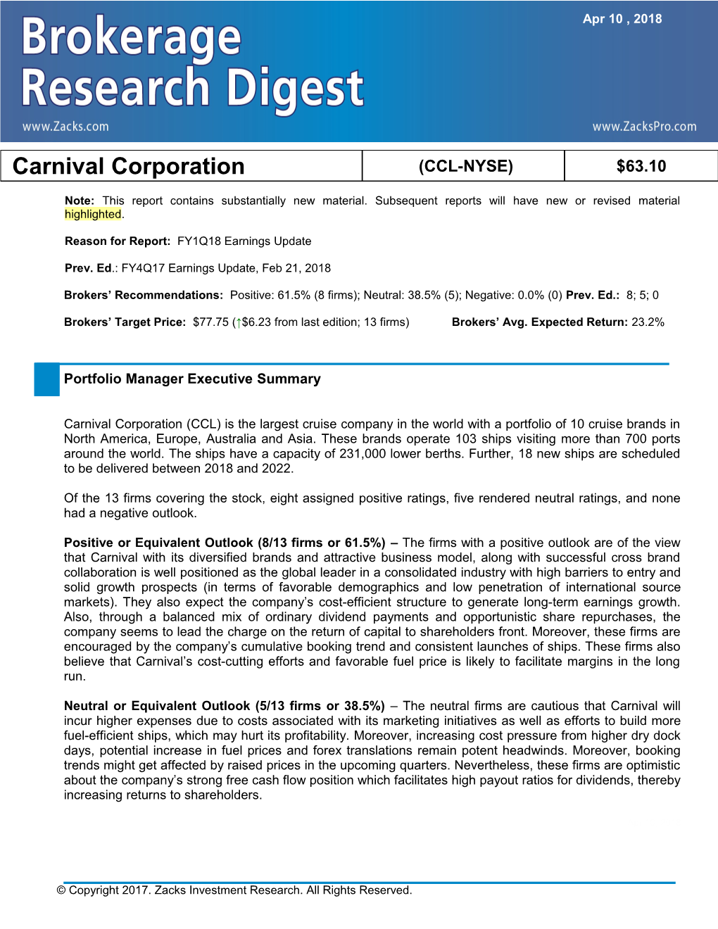 Reason for Report: FY1Q18 Earnings Update