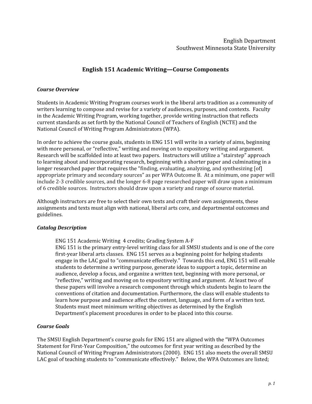 English 151 Academic Writing Course Components
