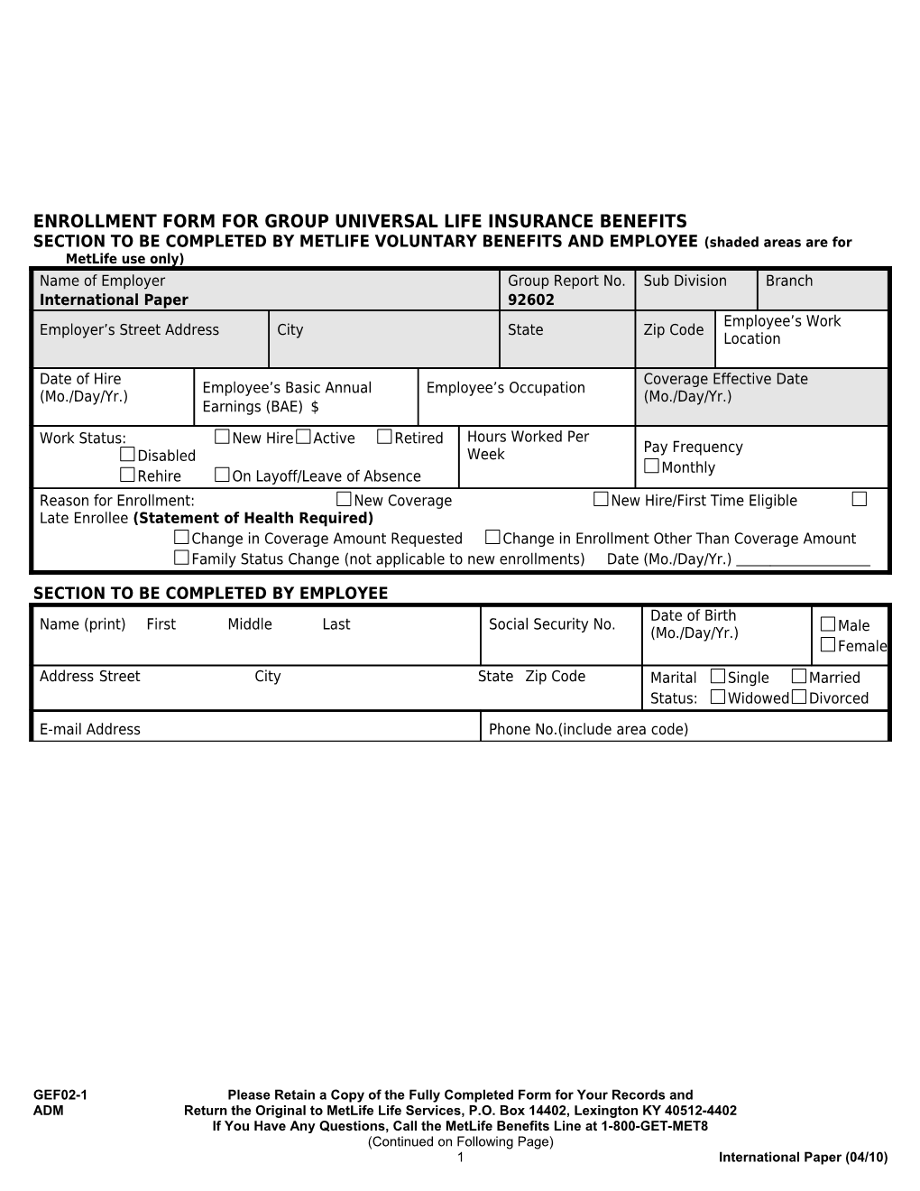 Enrollment Form for Group Universal Life Insurance Benefits