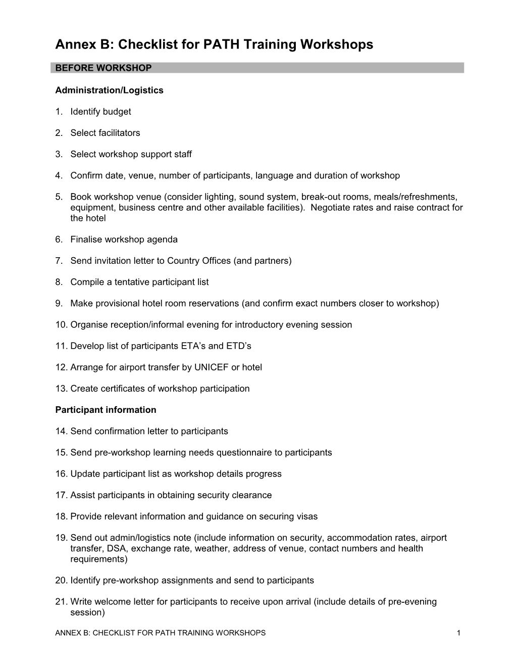 Annex A: Checklist for PATH Training Workshops