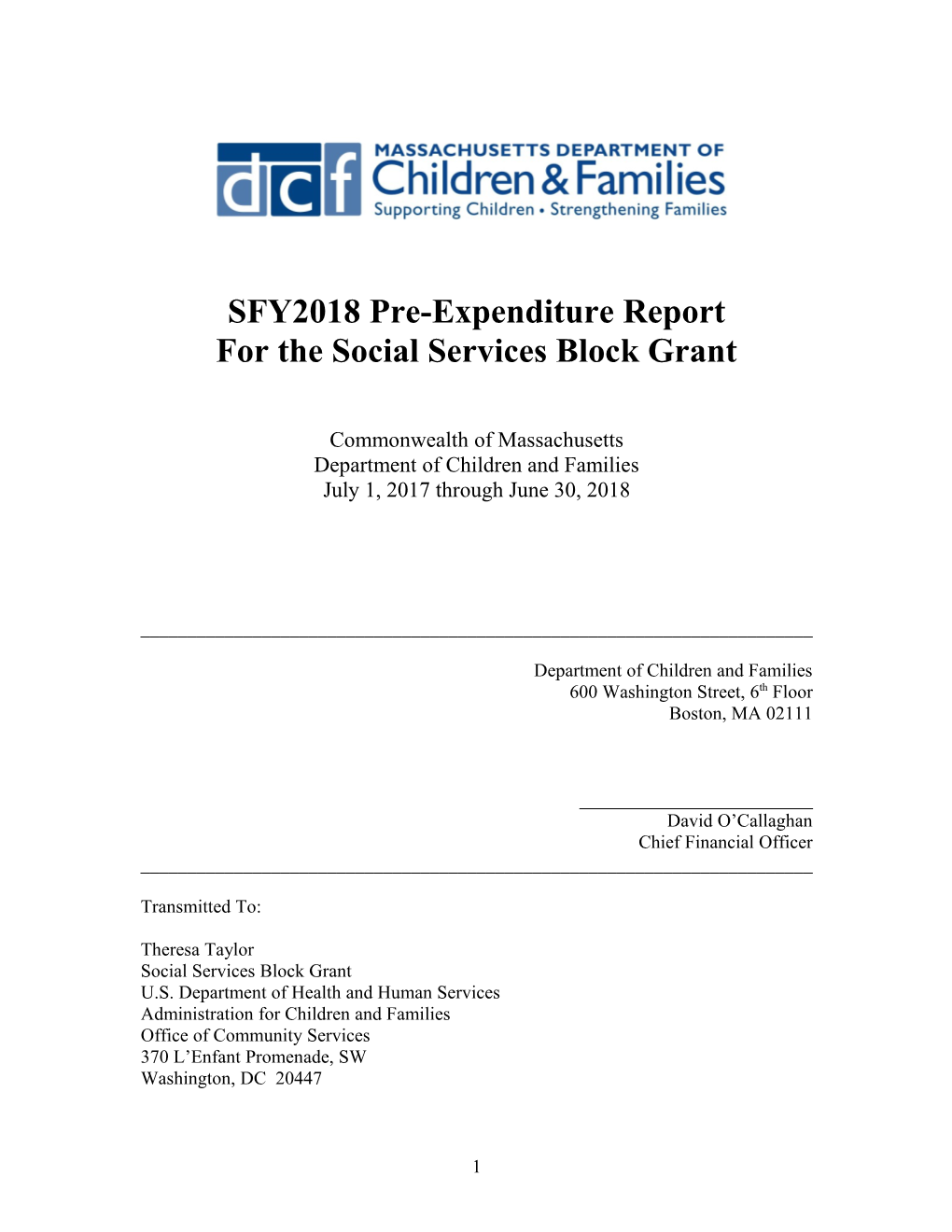 SFY2018 Pre-Expenditure Report for the Social Services Block Grant