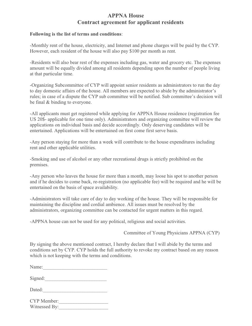 APPNA House Contract Agreement for Applicant Residents