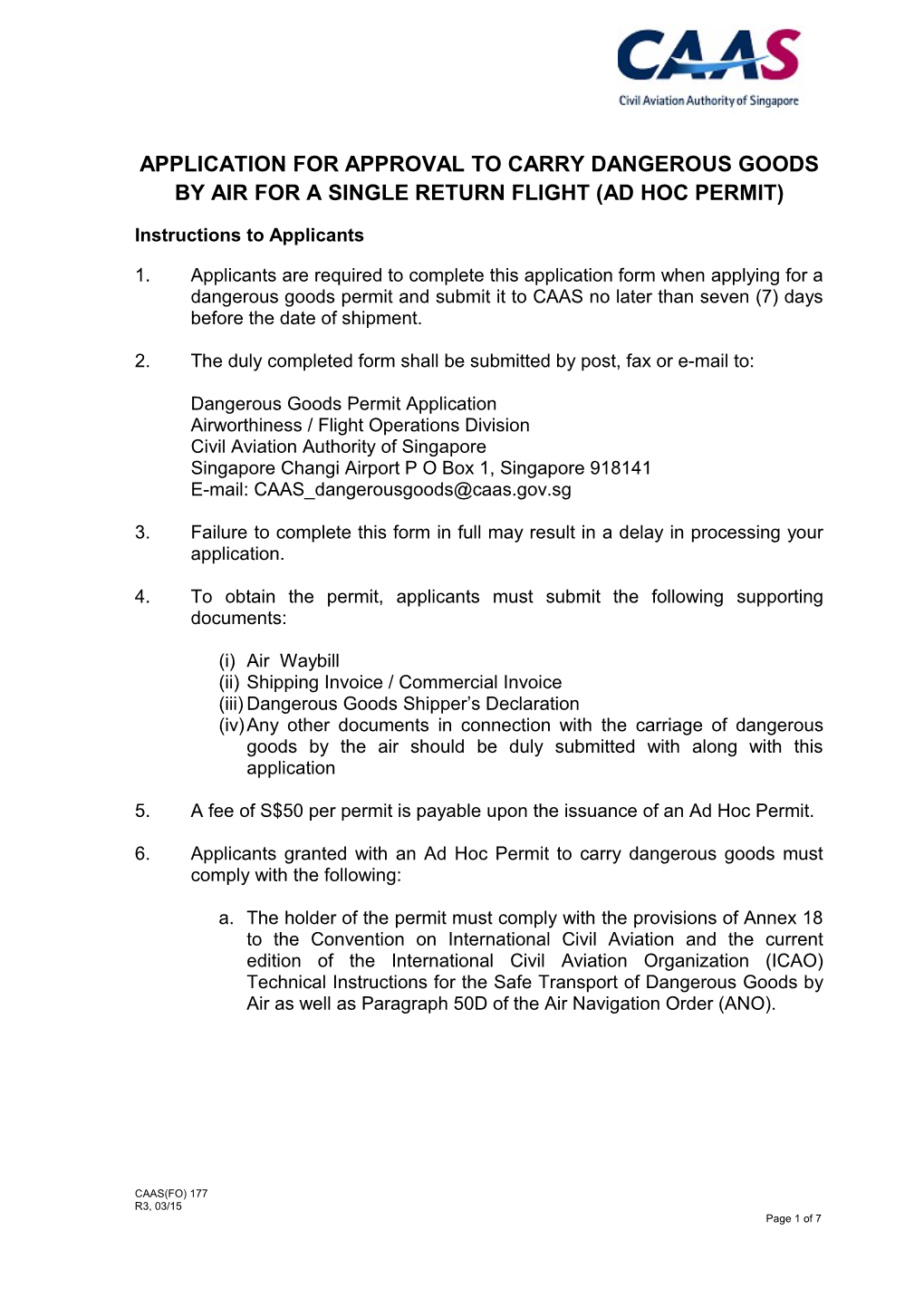 Application for Approval to Carry Dangerous Goods by Air for a Single Return Flight (Adhoc