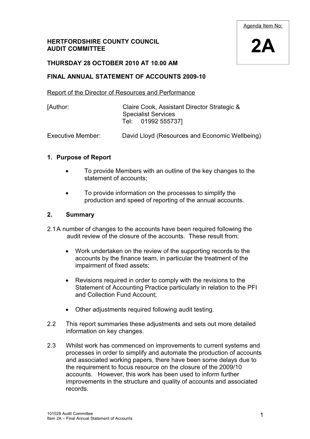 Audit Committee - Thursday 28 October 2010 at 10.00Am Item 2A - Final Annual Statement