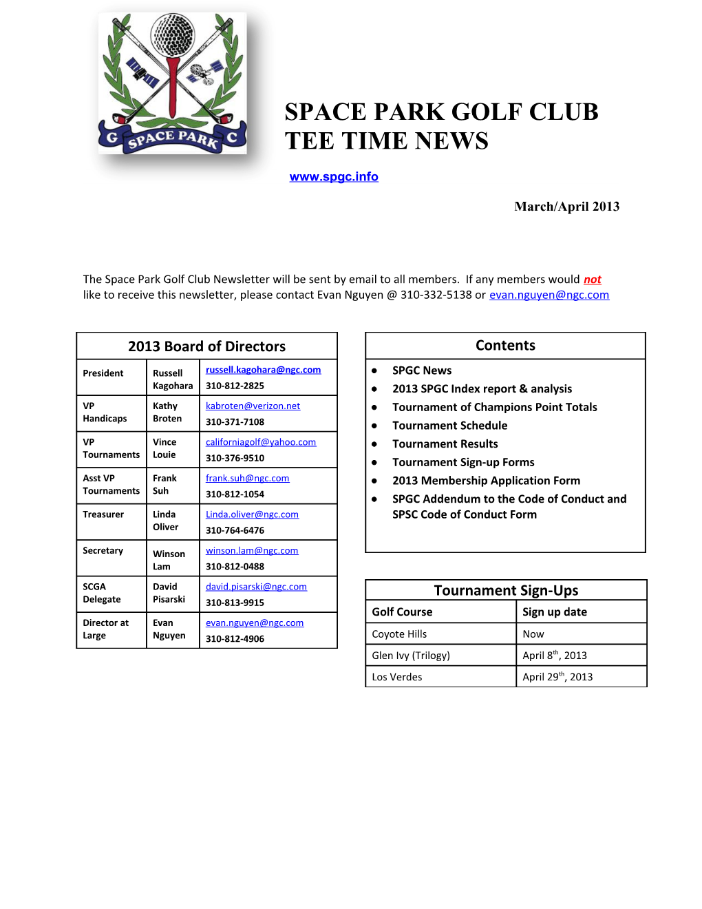 Space Park Golf Club Tee Time News