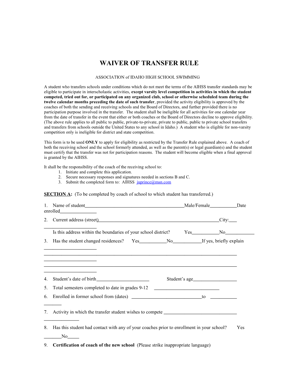 Waiver of Transfer Rule