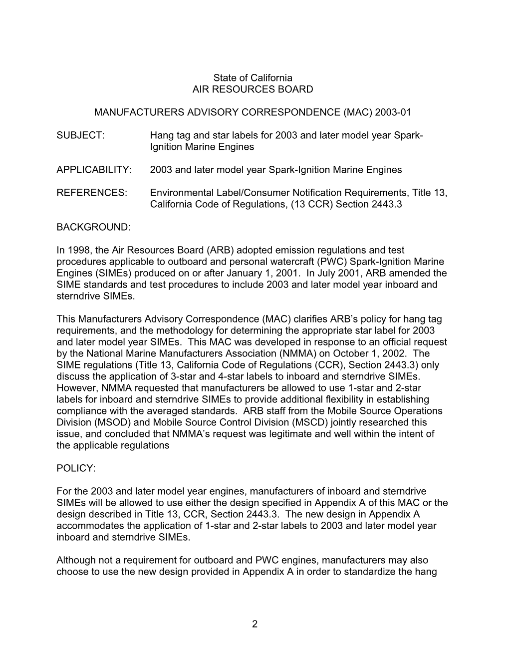 Manufacturers Advisory Correspondence (Mac) 2003-01