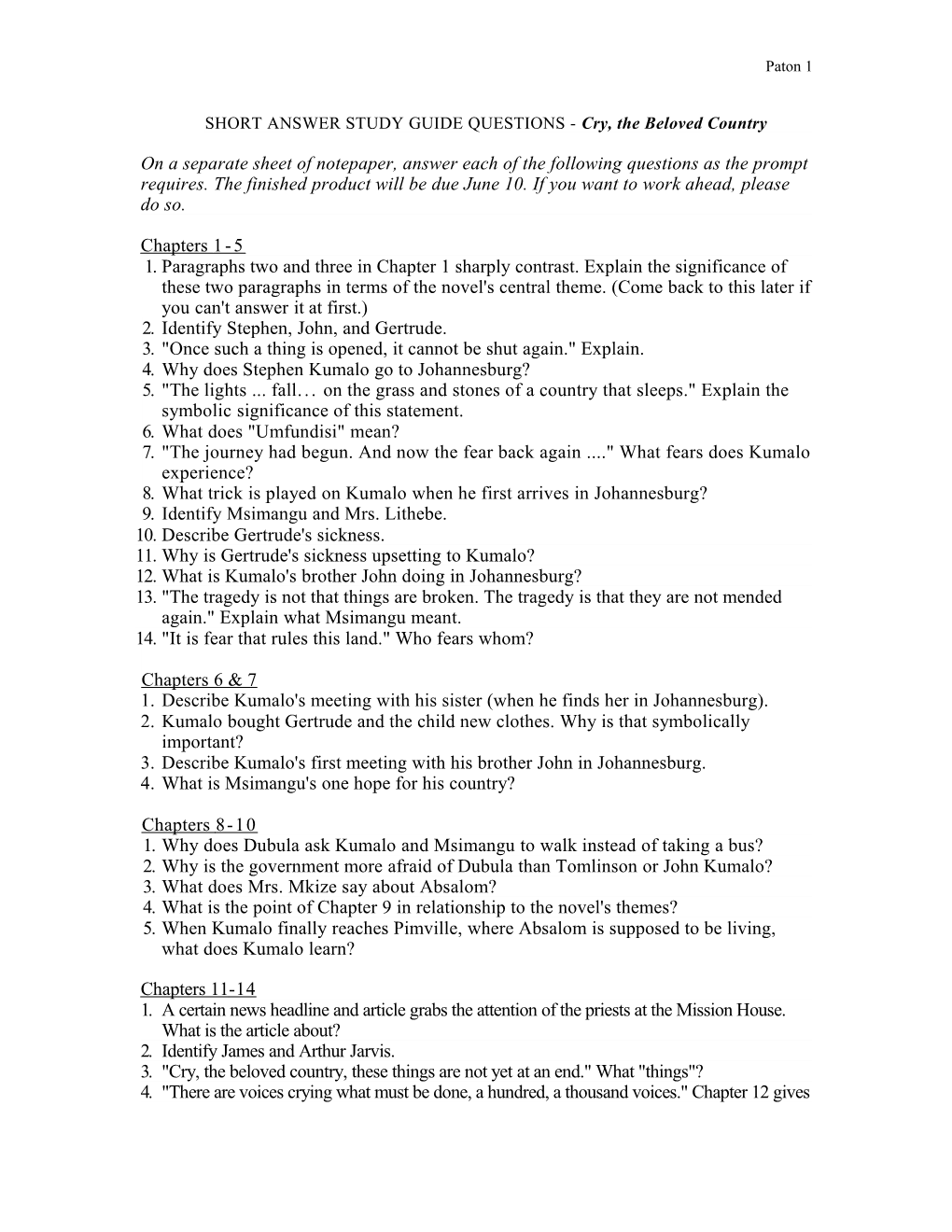 SHORT ANSWER STUDY GUIDE QUESTIONS - Cry, the Beloved Country