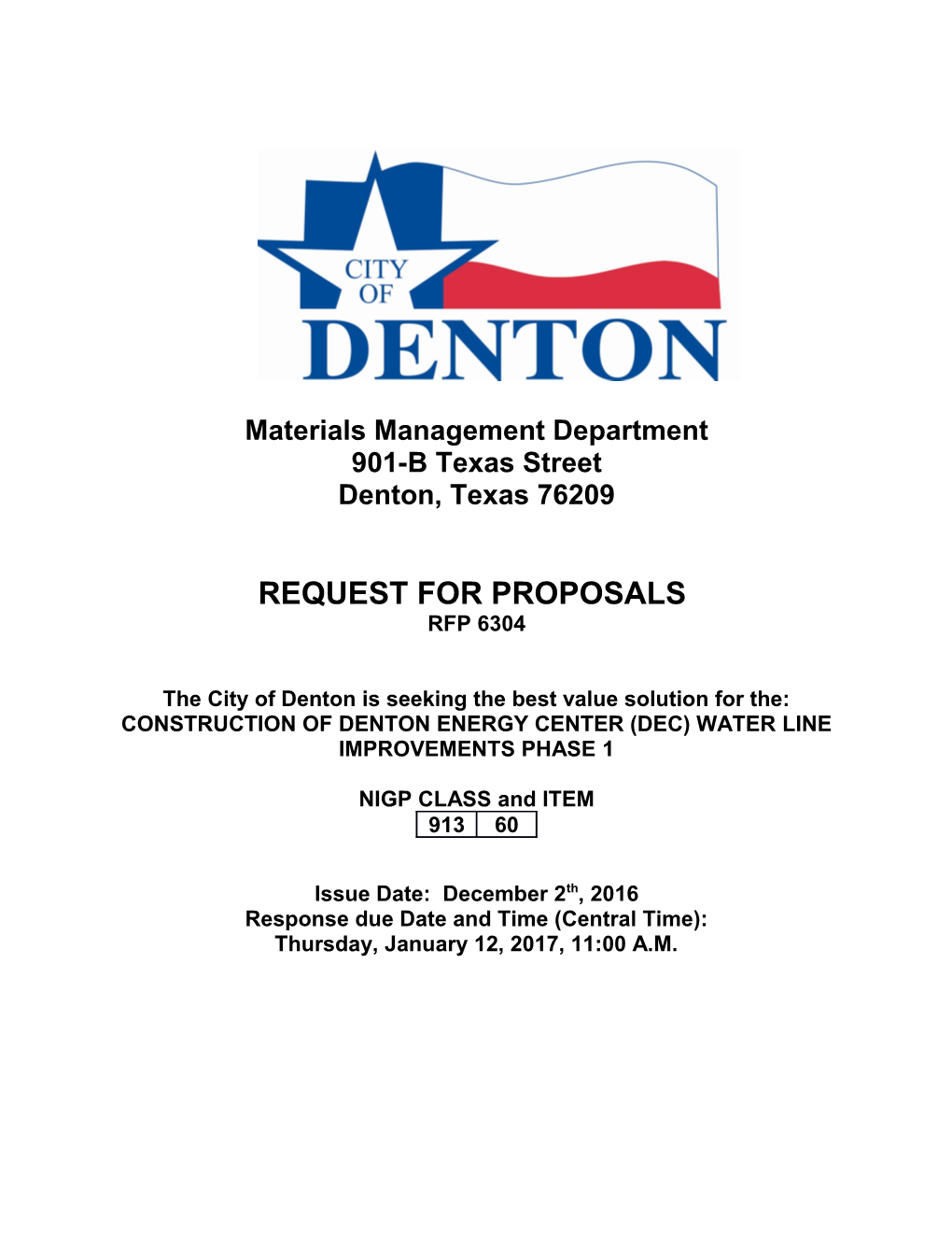 RFP for Construction of DEC Waterline Improvements, Phase 1
