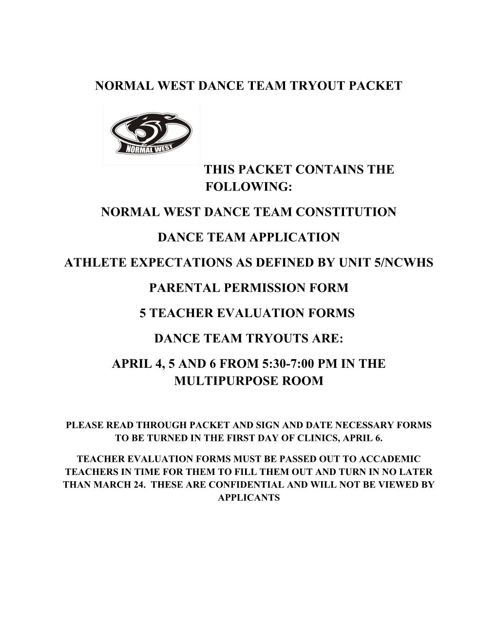 Normal West Dance Team Tryout Packet