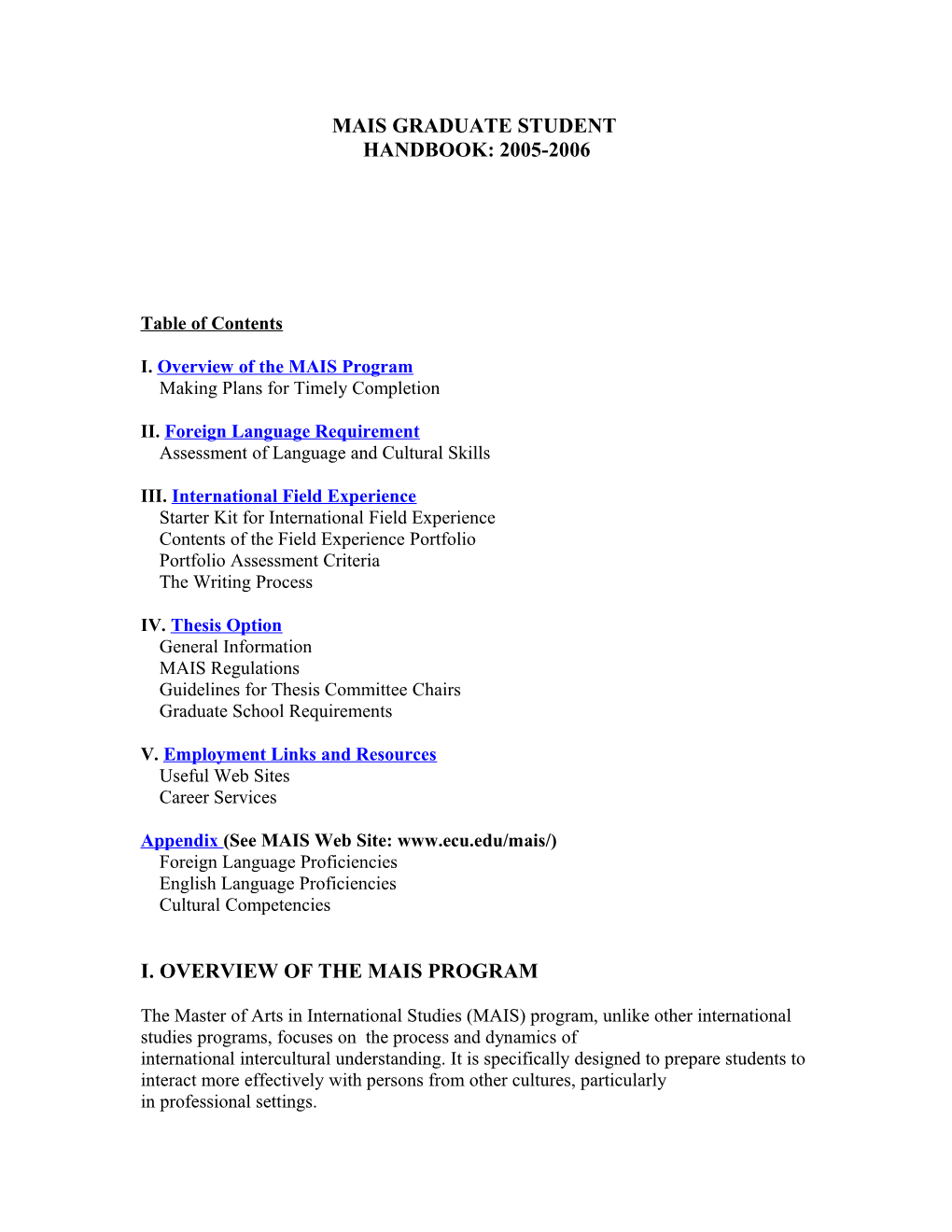 Mais Graduate Student Handbook:2005-2006