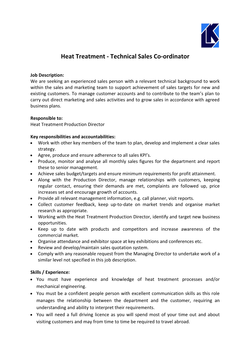 Heat Treatment - Technical Sales Co-Ordinator