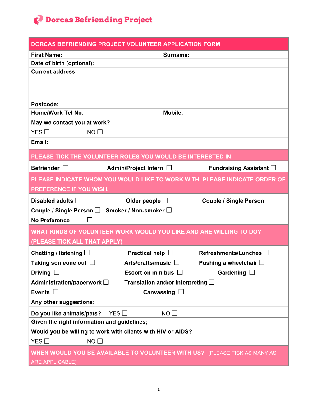 Dorcas Befriending Project Volunteer Application Form