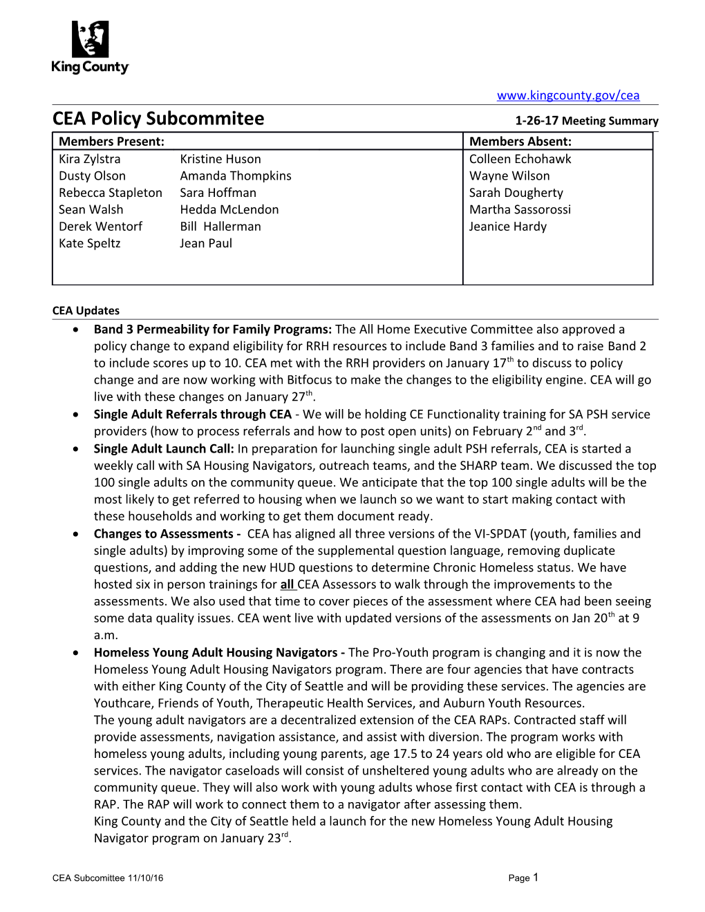 CEA Policy Subcommitee1-26-17 Meeting Summary
