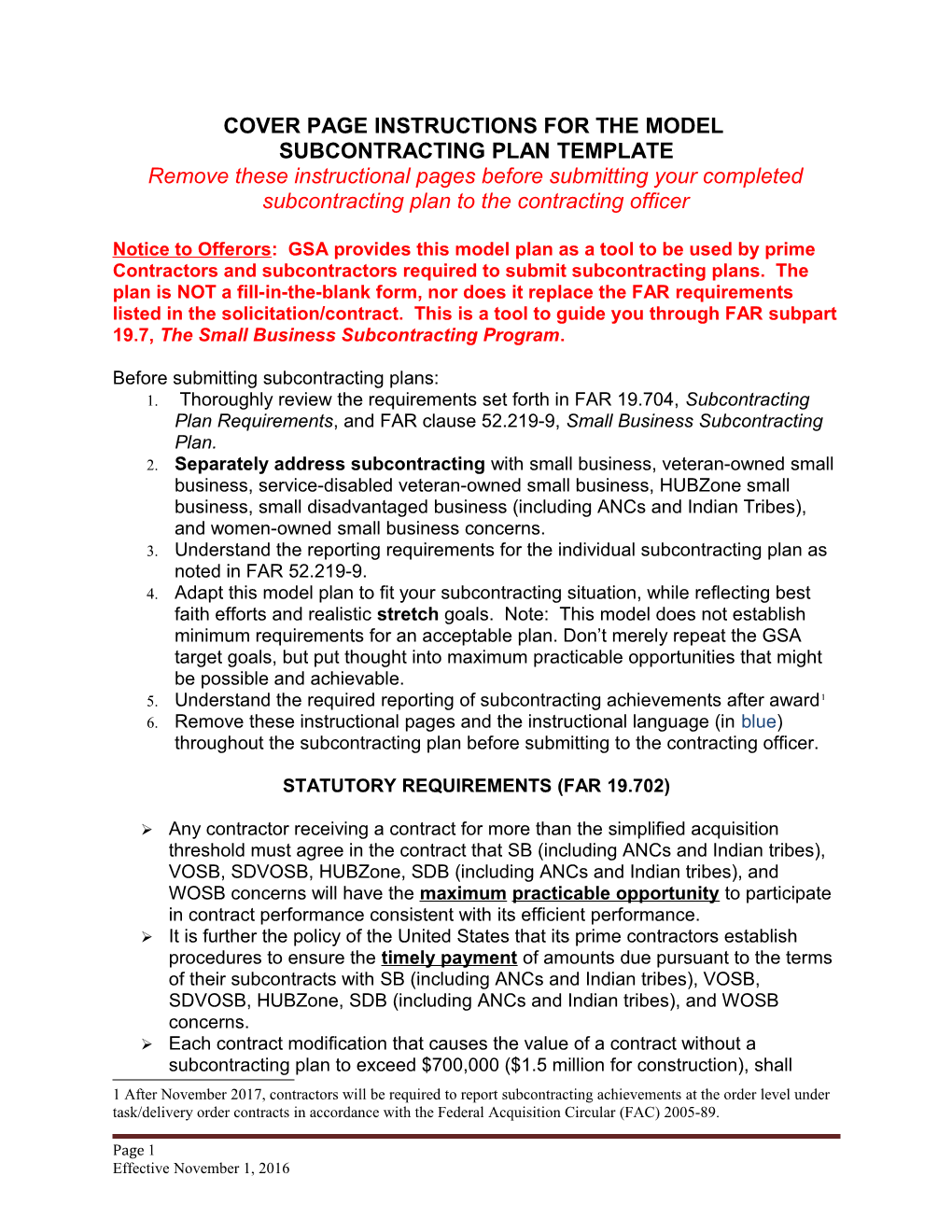 Cover Page Instructions for the Model Subcontracting Plan Template