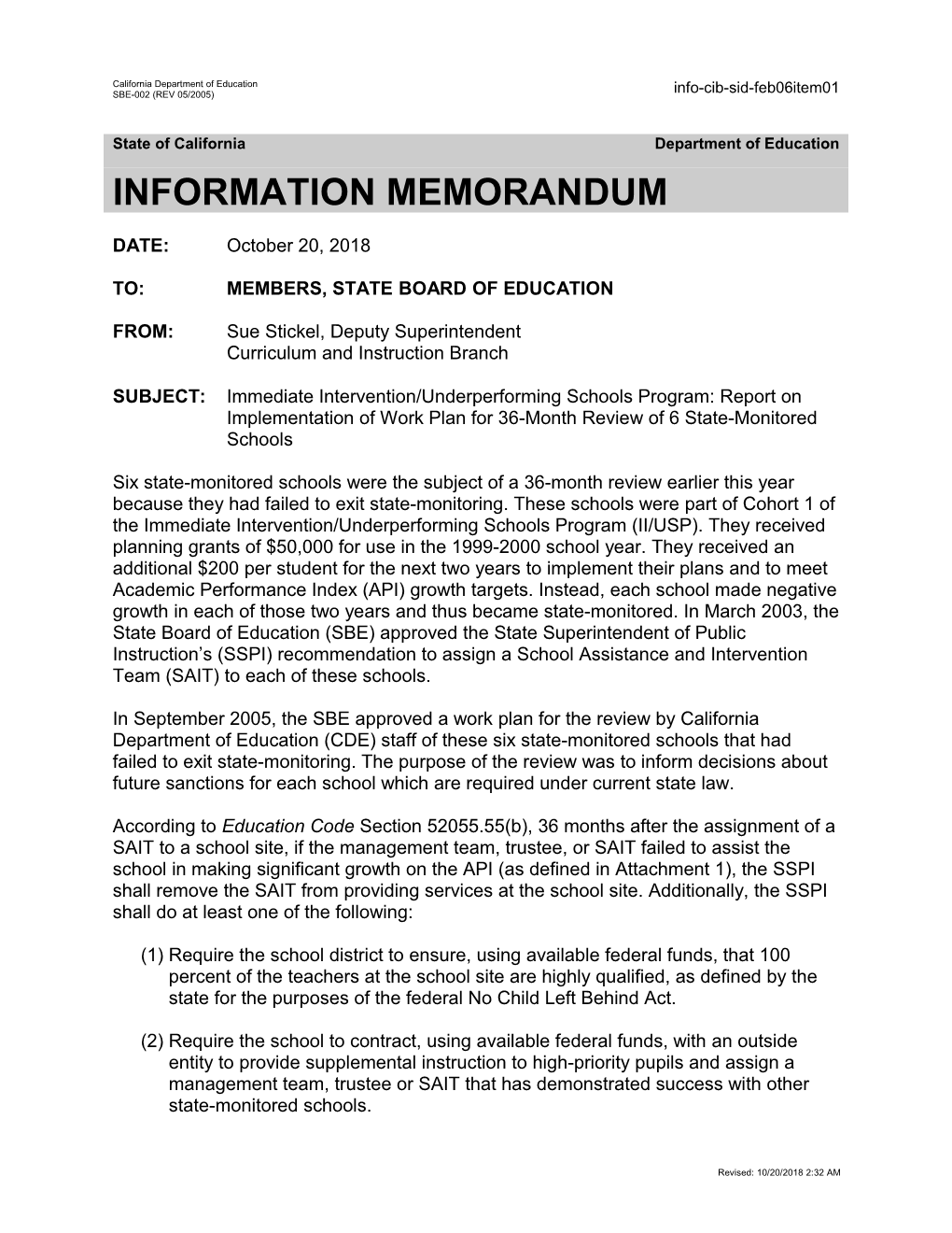 February 2006 SID Item 01 - Information Memorandum (CA State Board of Education)