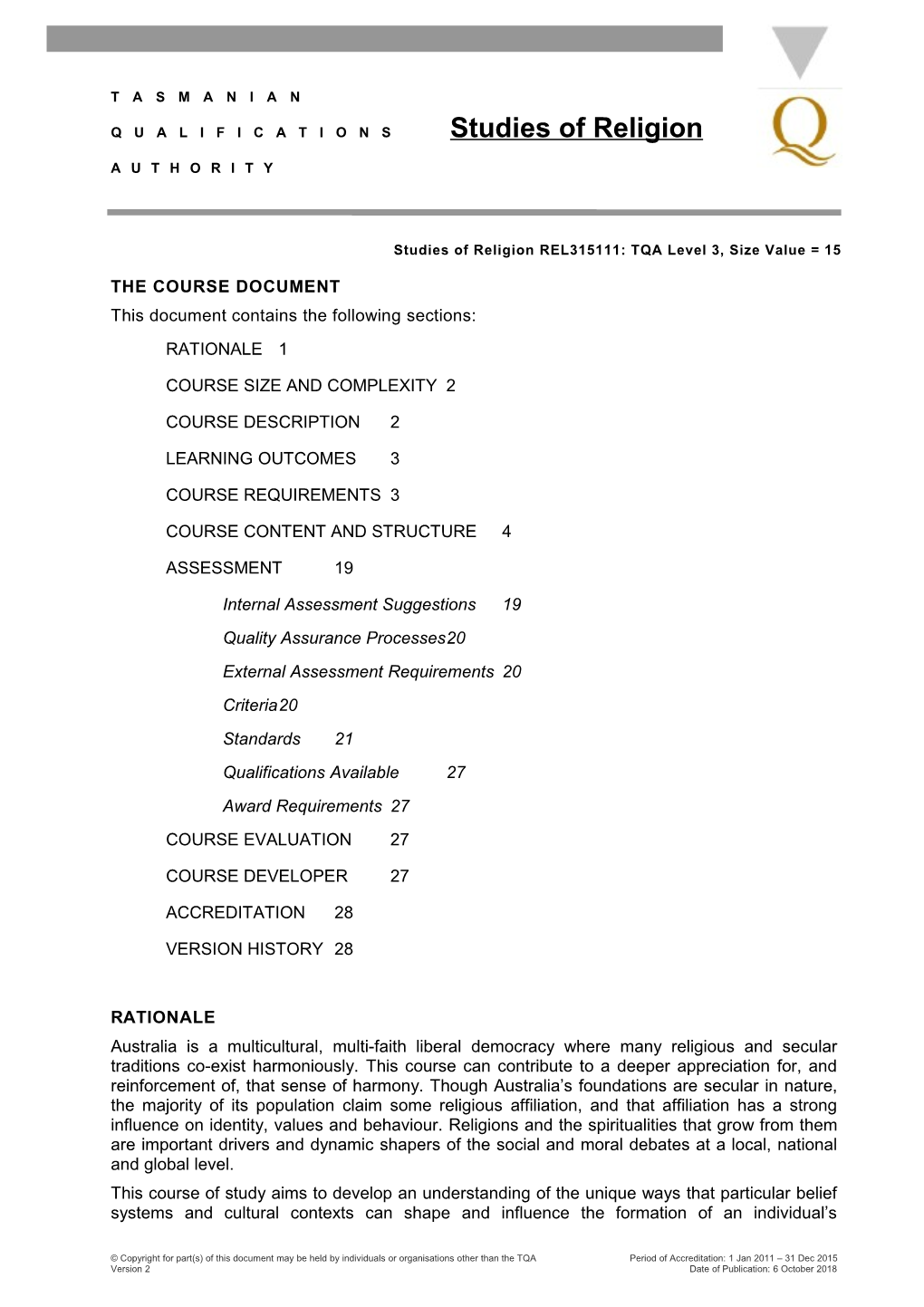 Studies of Religion REL315111: TQA Level 3, Size Value = 15