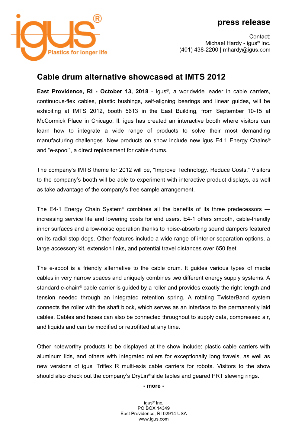 Cable Drum Alternative Showcased at IMTS 2012