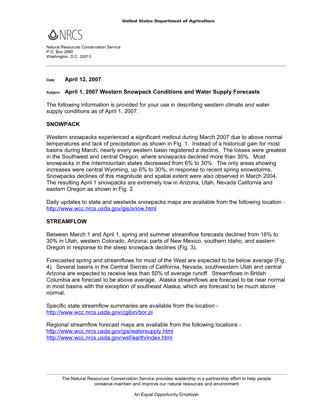 Subject:April 1, 2007Western Snowpack Conditions and Water Supply Forecasts