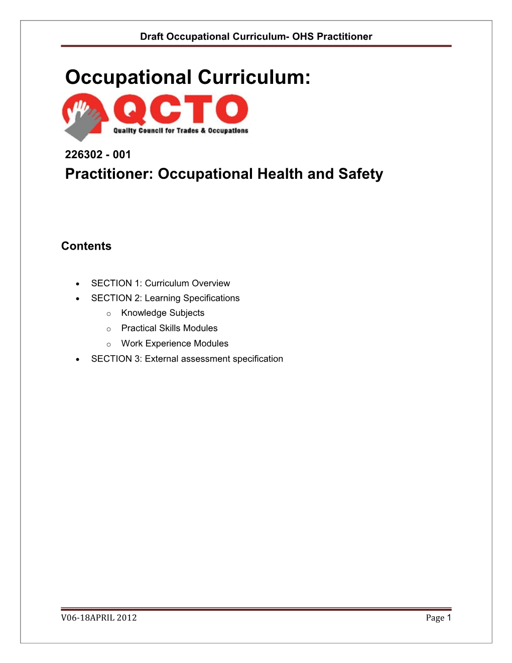 Draft Occupational Curriculum- OHS Practitioner