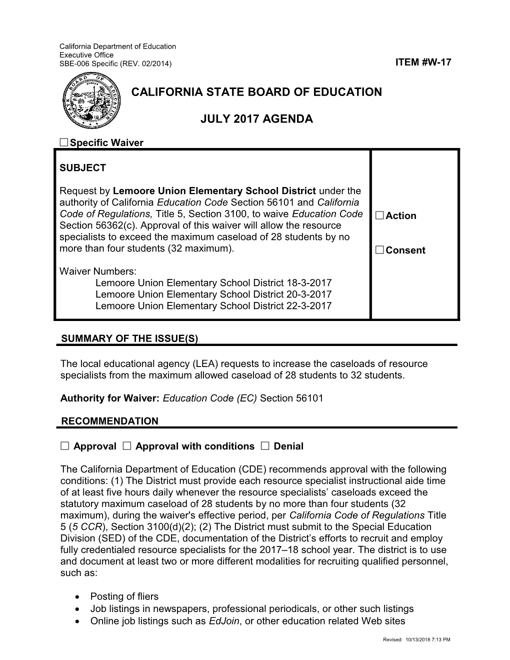 July 2017 Waiver Item W-17 - Meeting Agendas (CA State Board of Education)