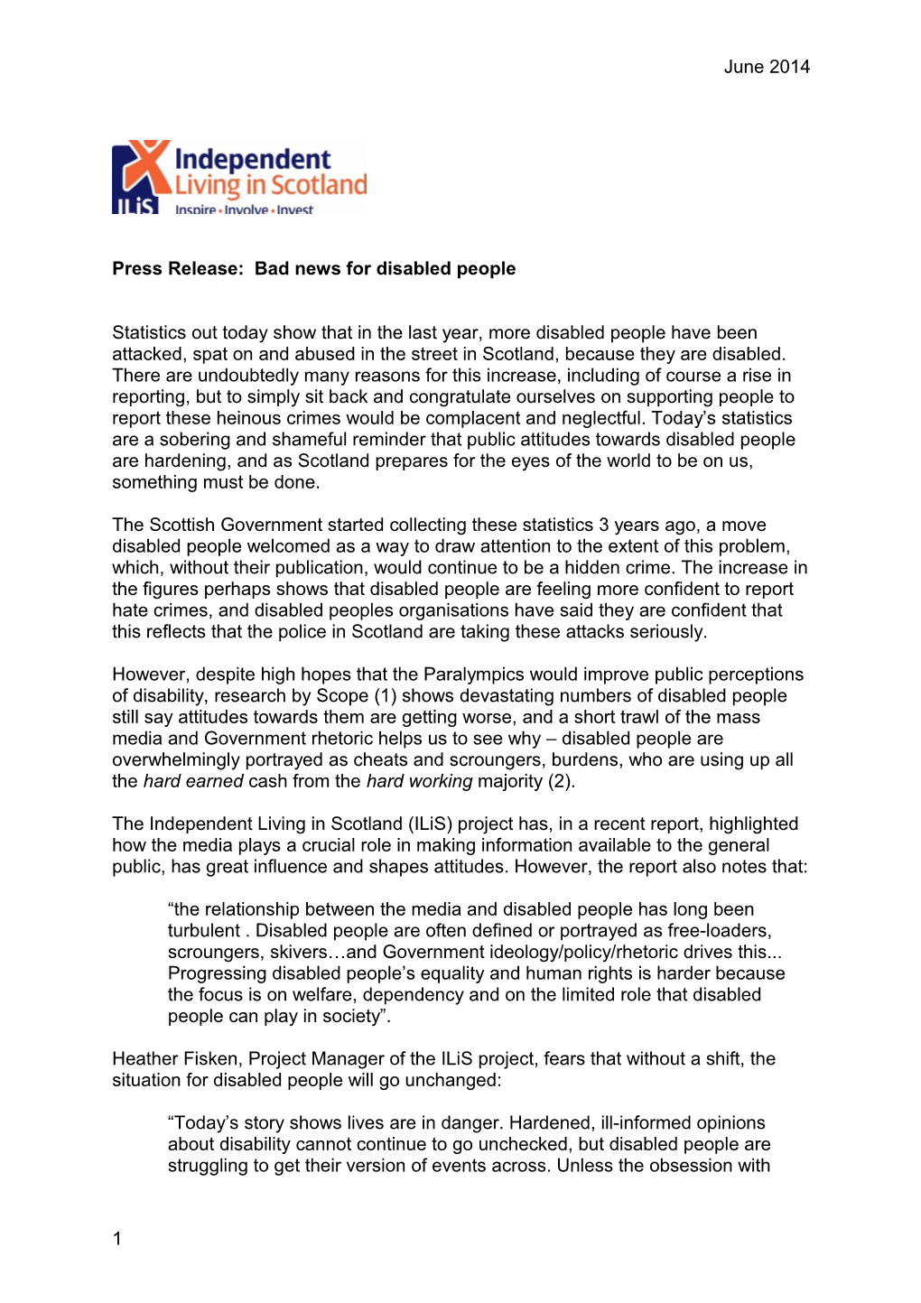 Press Release: Bad News for Disabled People