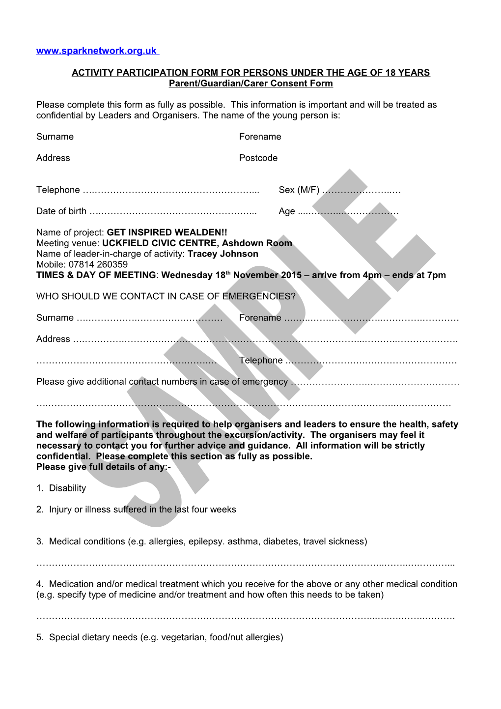 Activity Participation Form for Persons Under the Age of 18 Years