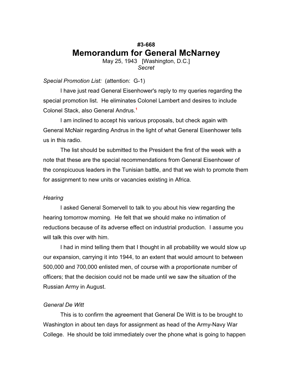 Memorandum for General Mcnarney