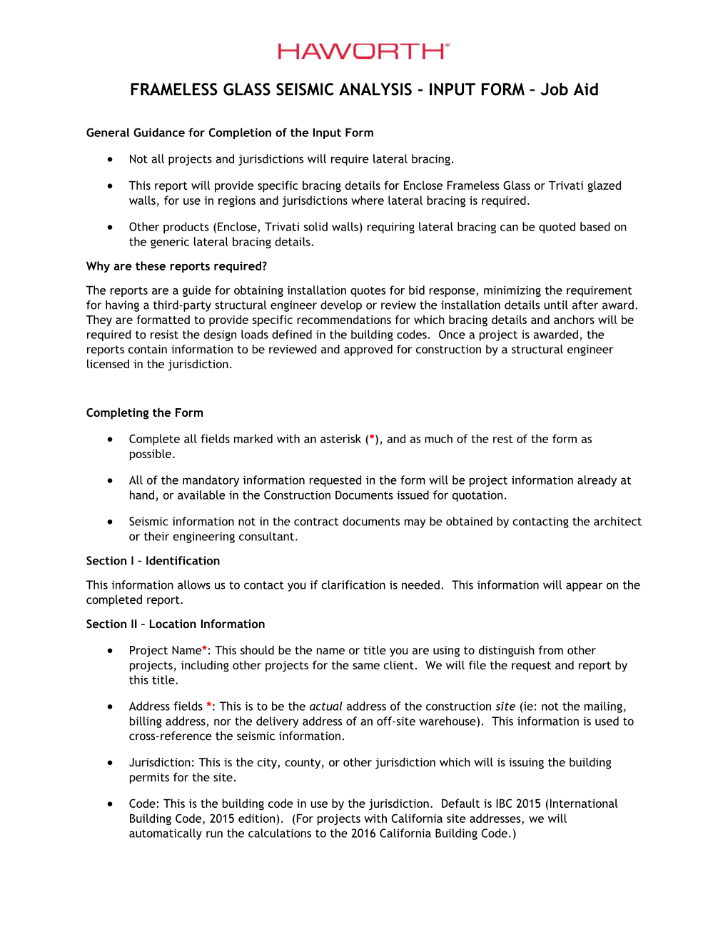 General Guidance for Completion of the Input Form