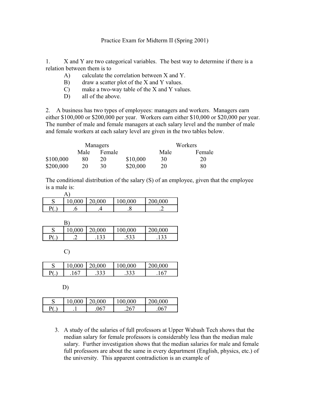 Practice Exam for Midterm II (Spring 2001)