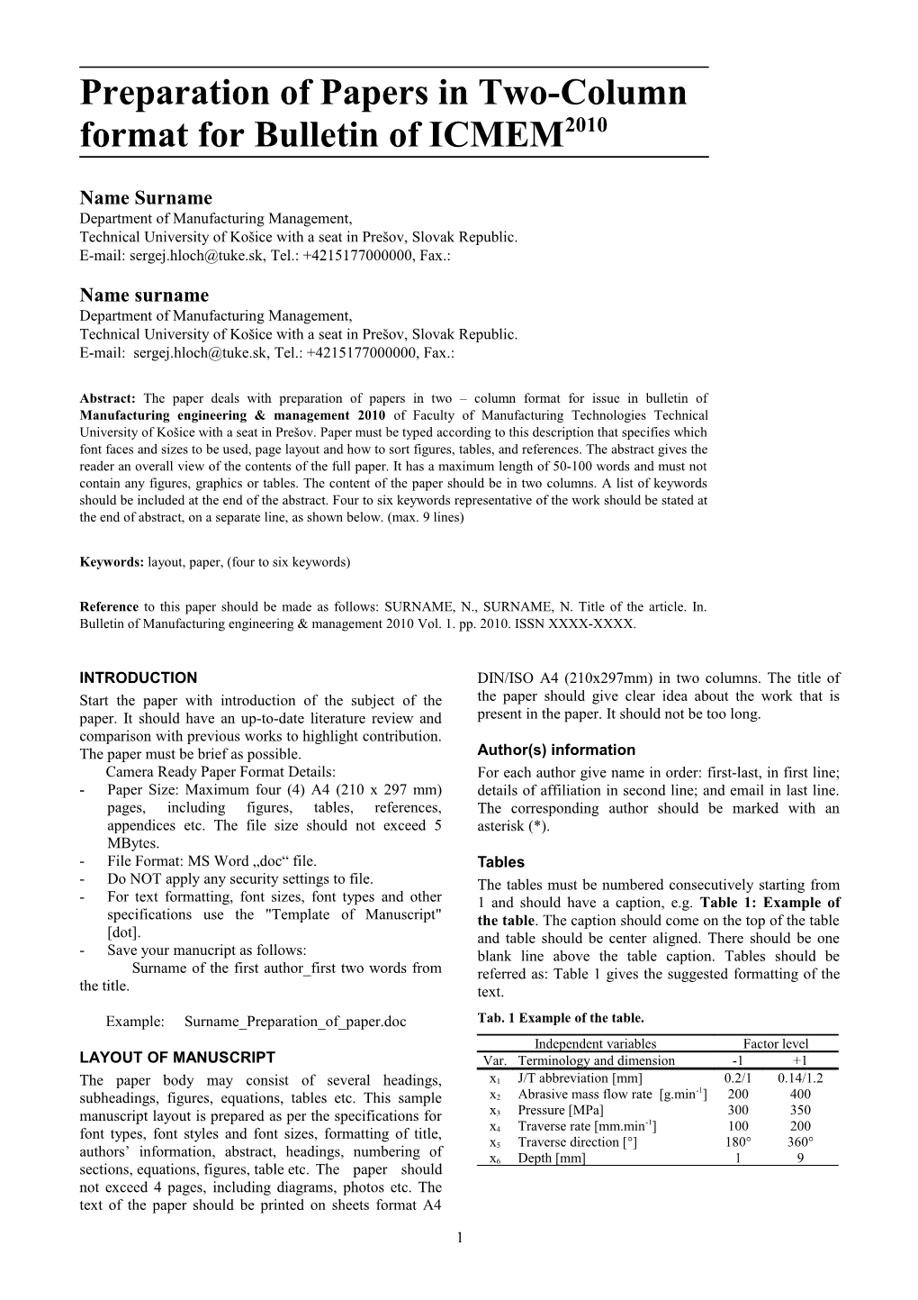 Preparation of Papers in Two-Column Format for Bulletin of ICMEM2010