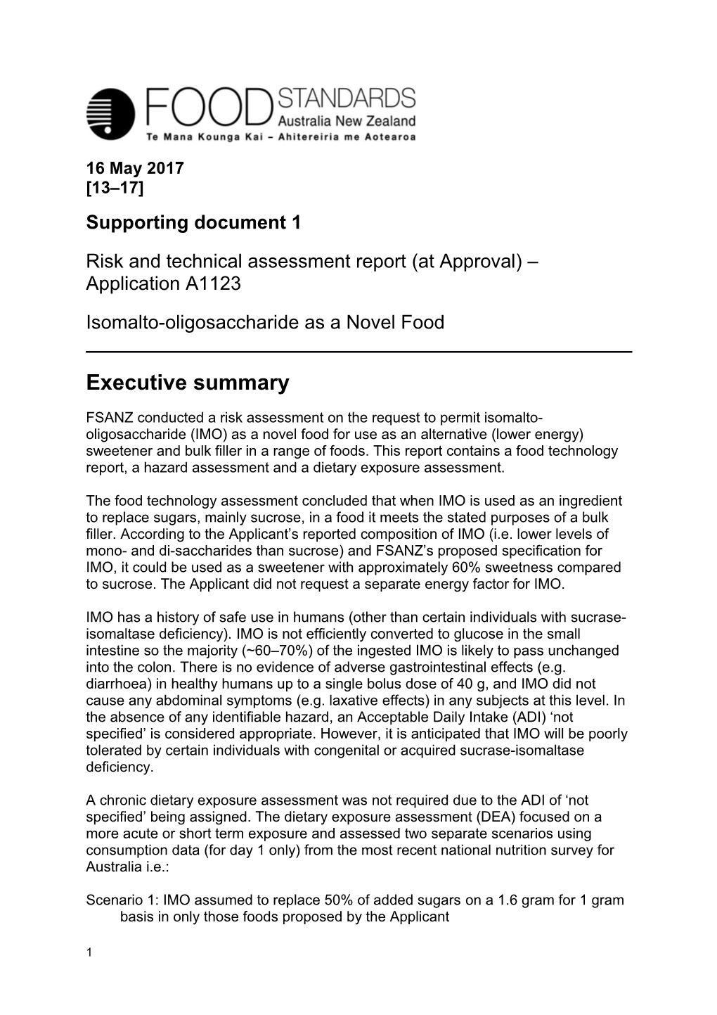 Risk and Technical Assessment Report(At Approval) Application A1123