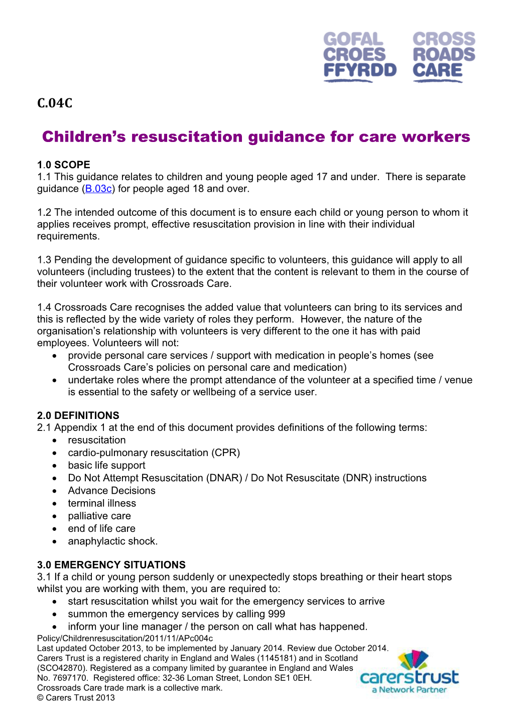 Children S Resuscitation Guidance for Care Workers